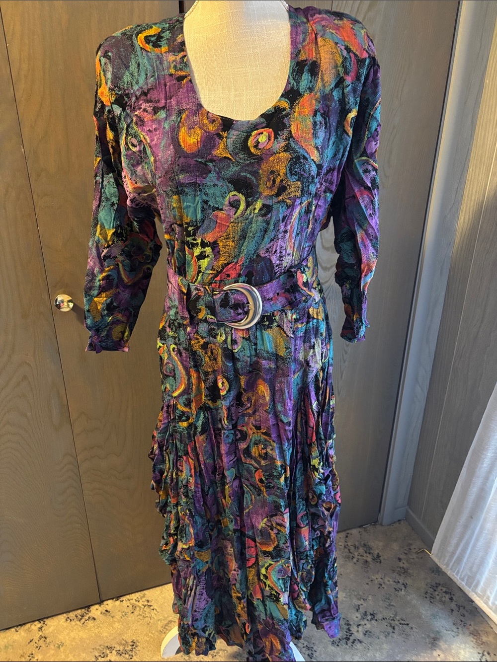 Vintage 80s Rabbit Rabbit Rabbit Watercolor Neon Dress Draped Neon Rayon Belt
